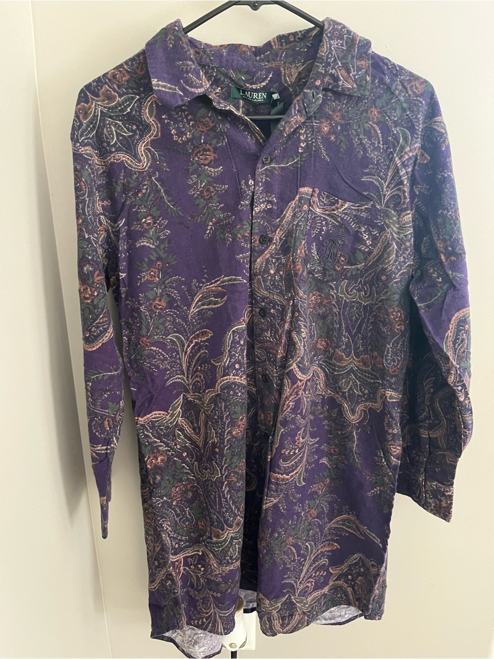 Lauren Ralph Lauren Purple Paisley Button-Up sleep shirt pj large